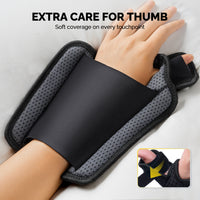 Thumb brace worn while resting, showing soft full-palm coverage and open thumb tip for night comfort.