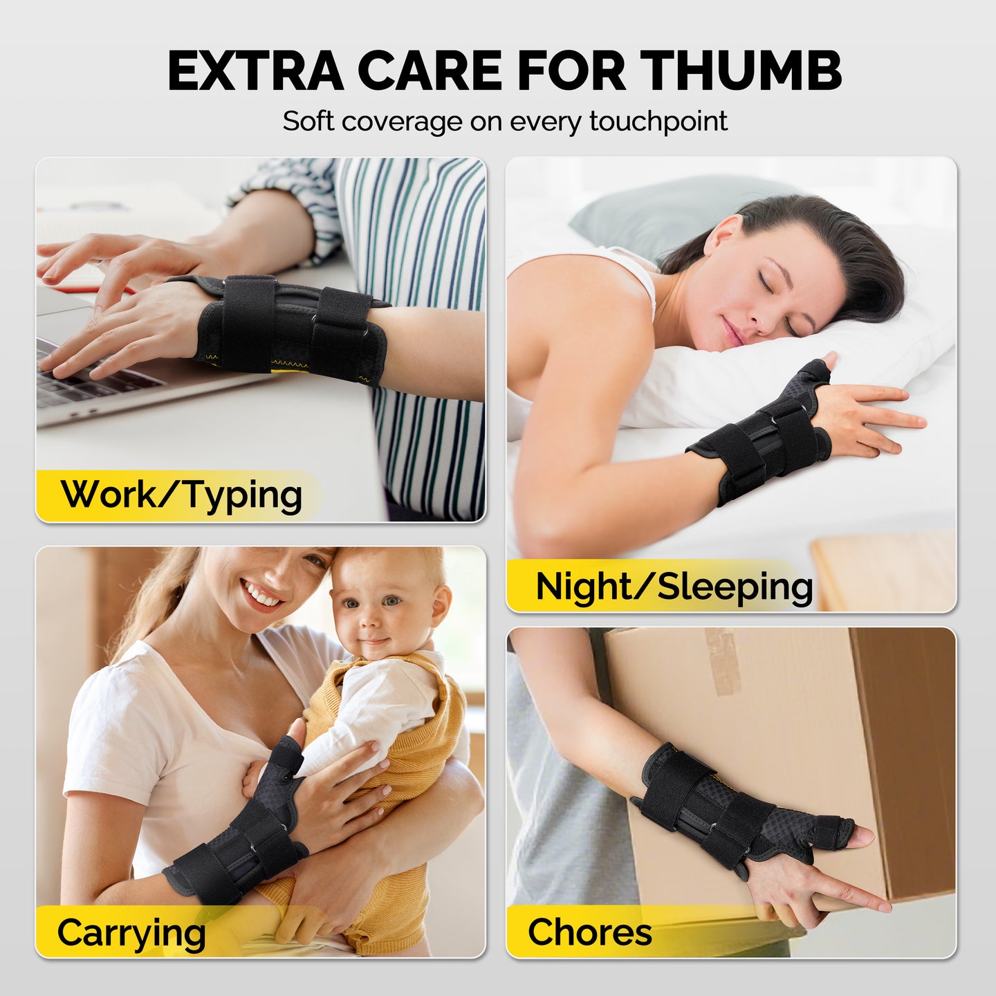 Thumb brace worn across four daily scenarios: typing, sleeping, carrying a baby, and doing chores.