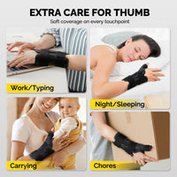 Thumb brace worn across four daily scenarios: typing, sleeping, carrying a baby, and doing chores.