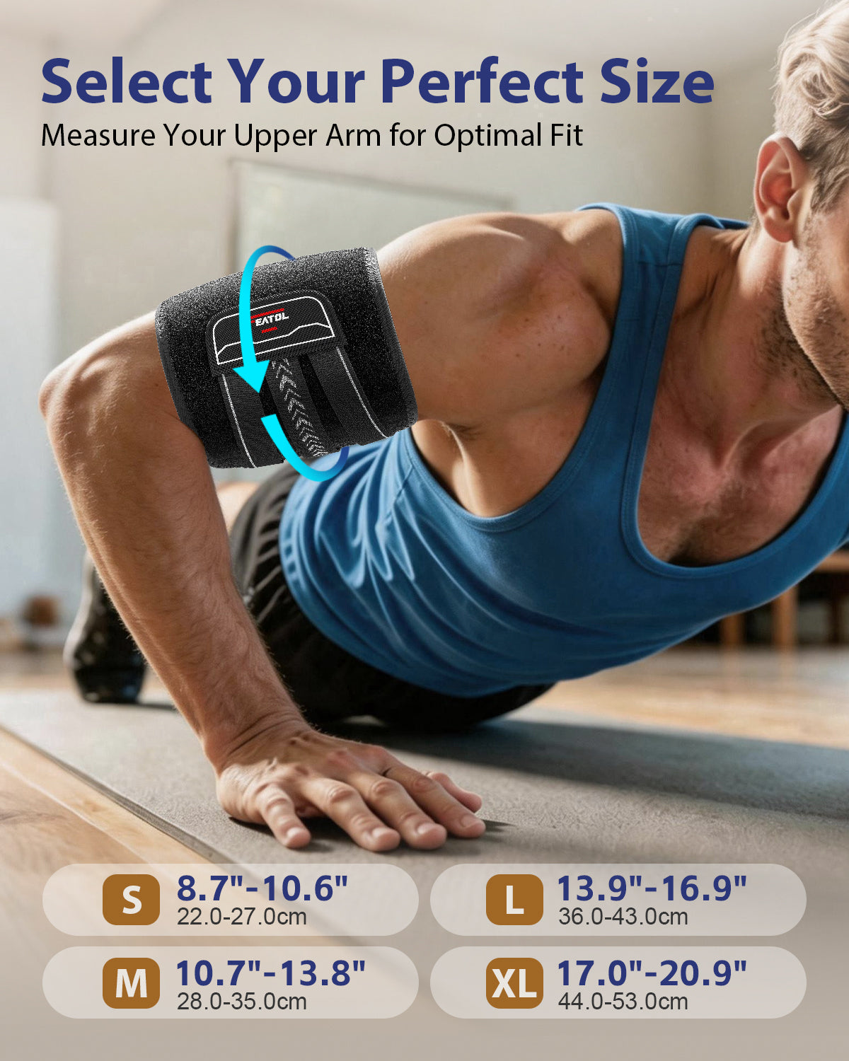 Upper-arm circumference chart: S 8.7-10.6, M 10.7-13.8, L 13.9-16.9, XL 17-20.9 in.