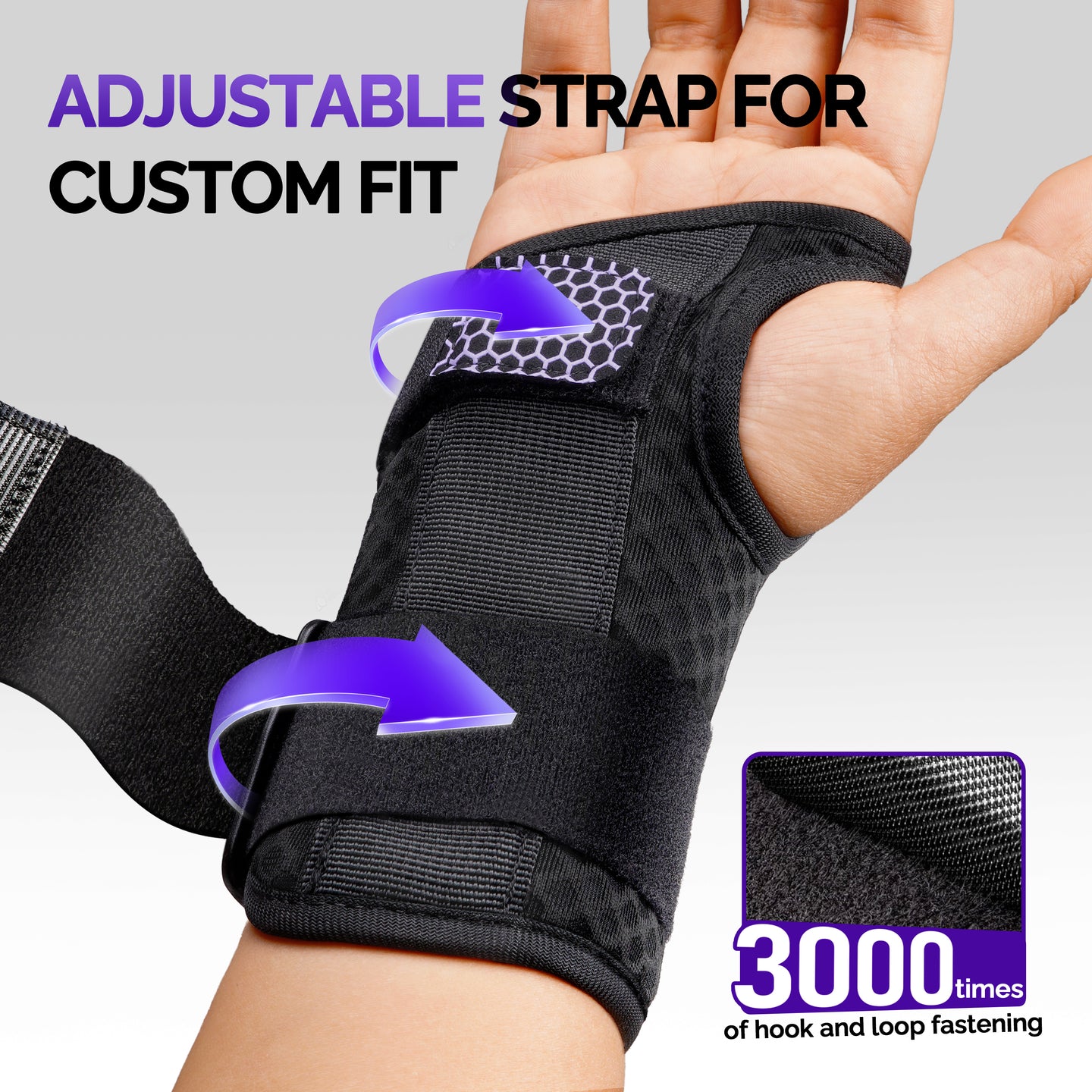 Wrist brace with adjustable hook-and-loop strap shown on hand, rated 3000 fastenings.