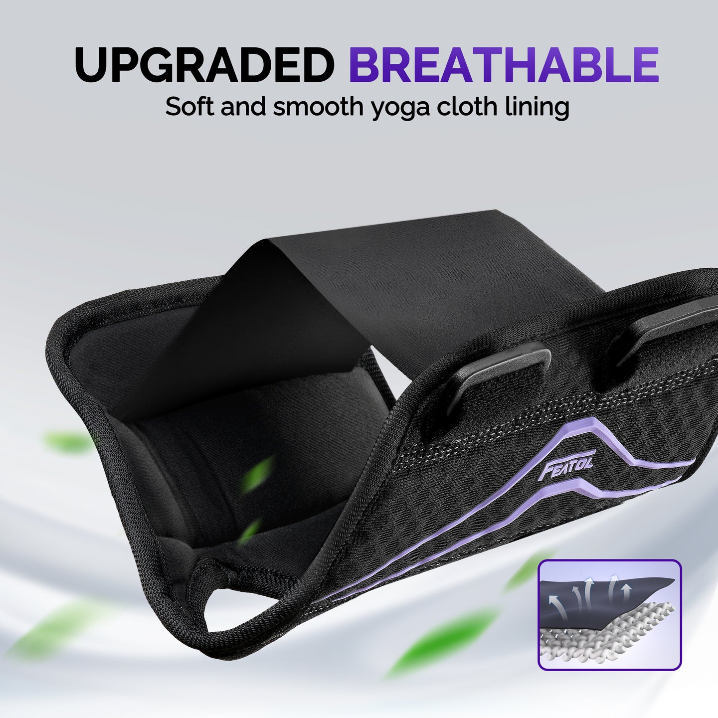 FEATOL wrist brace open view showing breathable yoga cloth lining with airflow design.
