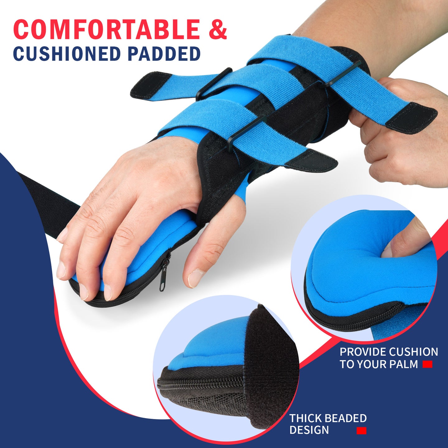 Wrist brace inner lining showing thick beaded palm cushion and soft blue padding for all-day comfort.