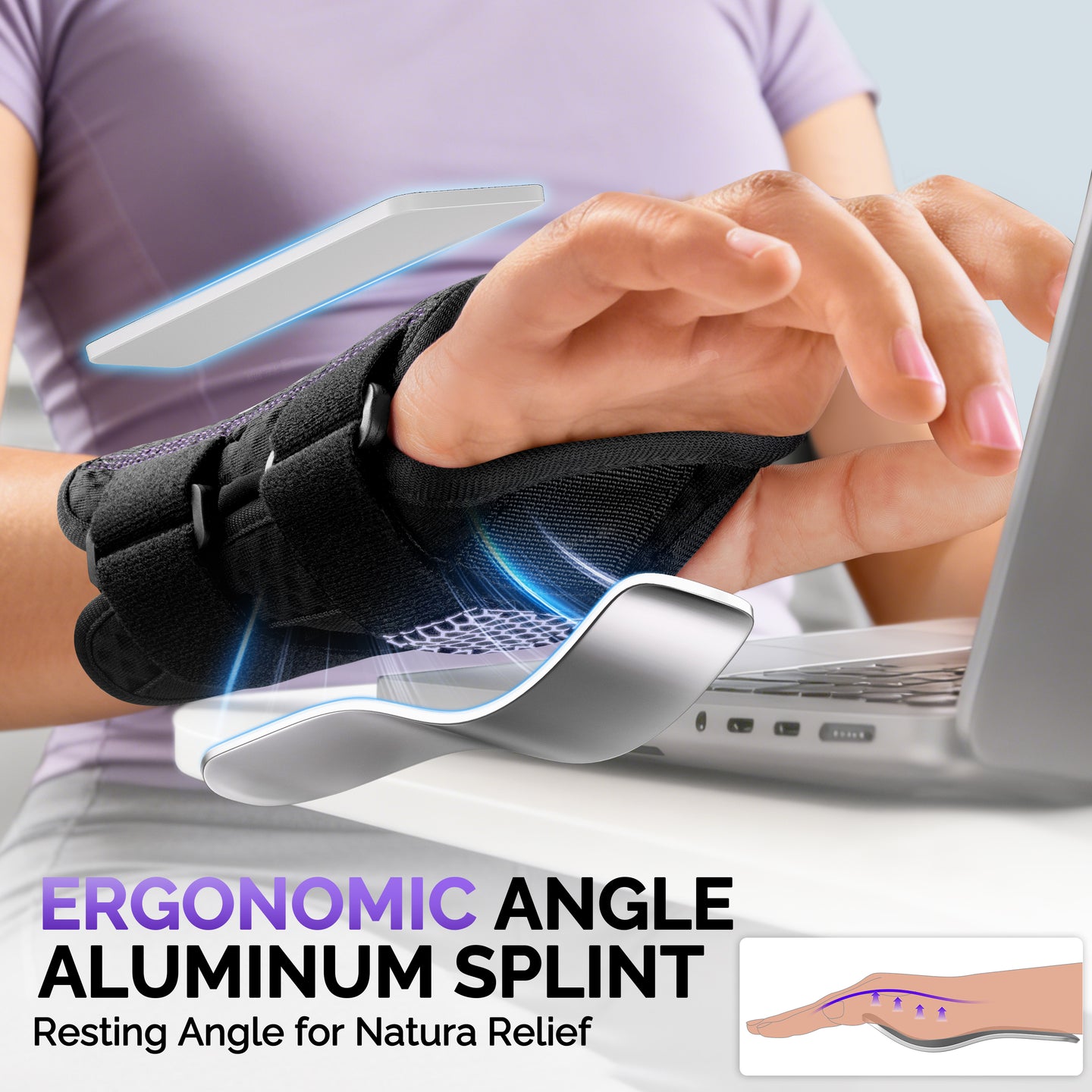 Wrist brace with ergonomic aluminum splint worn at laptop, supporting natural resting angle.