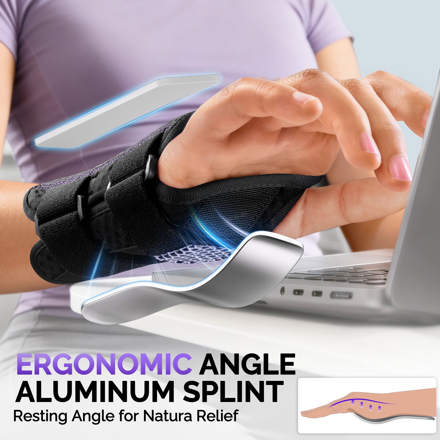 Wrist brace with ergonomic aluminum splint worn at laptop, supporting natural resting angle.