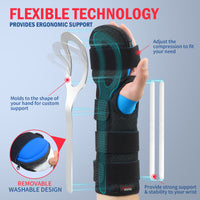 Wrist brace with moldable aluminum stay, adjustable compression strap, and removable washable inner lining.