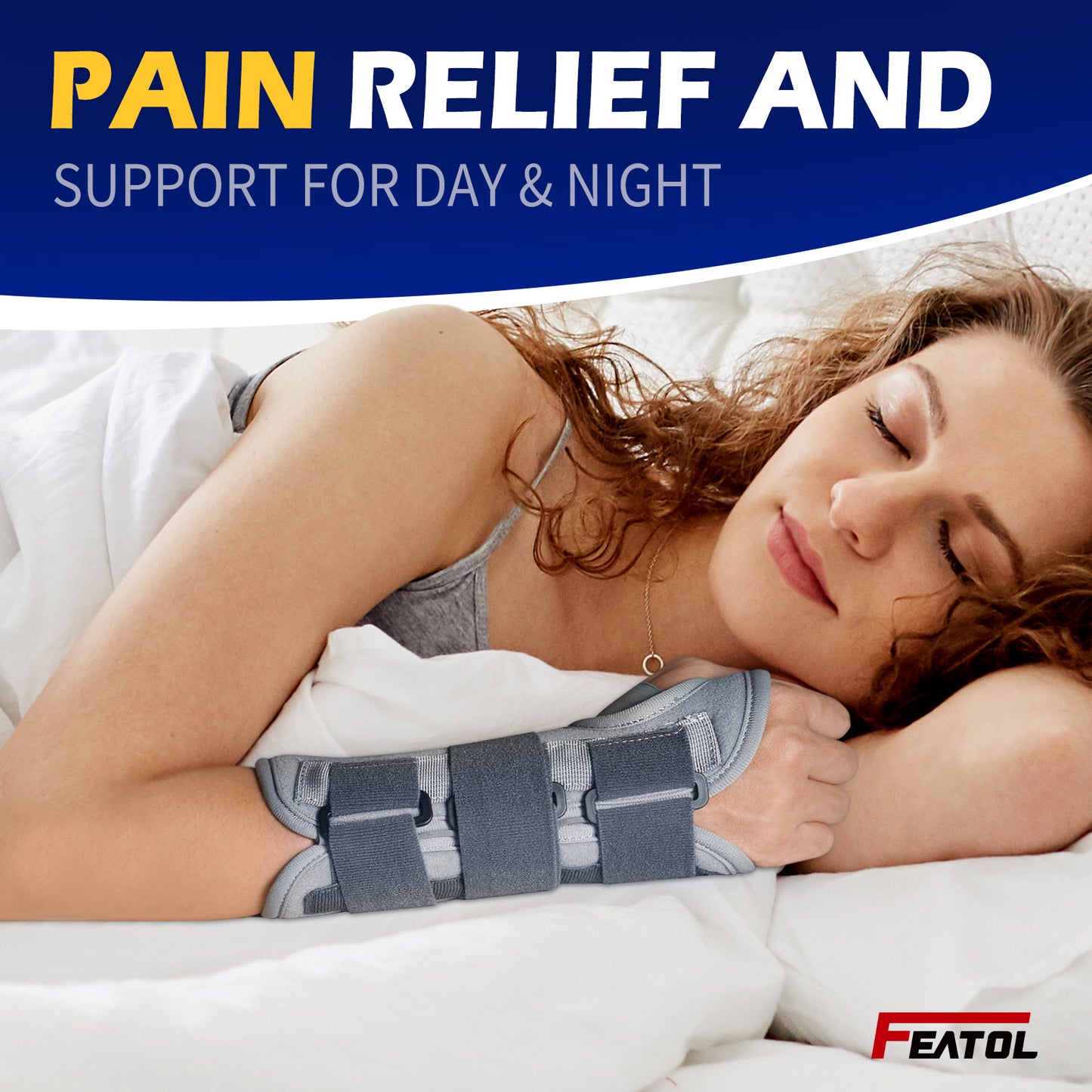 Woman sleeping peacefully with FEATOL wrist brace, showing comfortable overnight pain relief support.