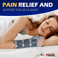 Woman sleeping peacefully with FEATOL wrist brace, showing comfortable overnight pain relief support.