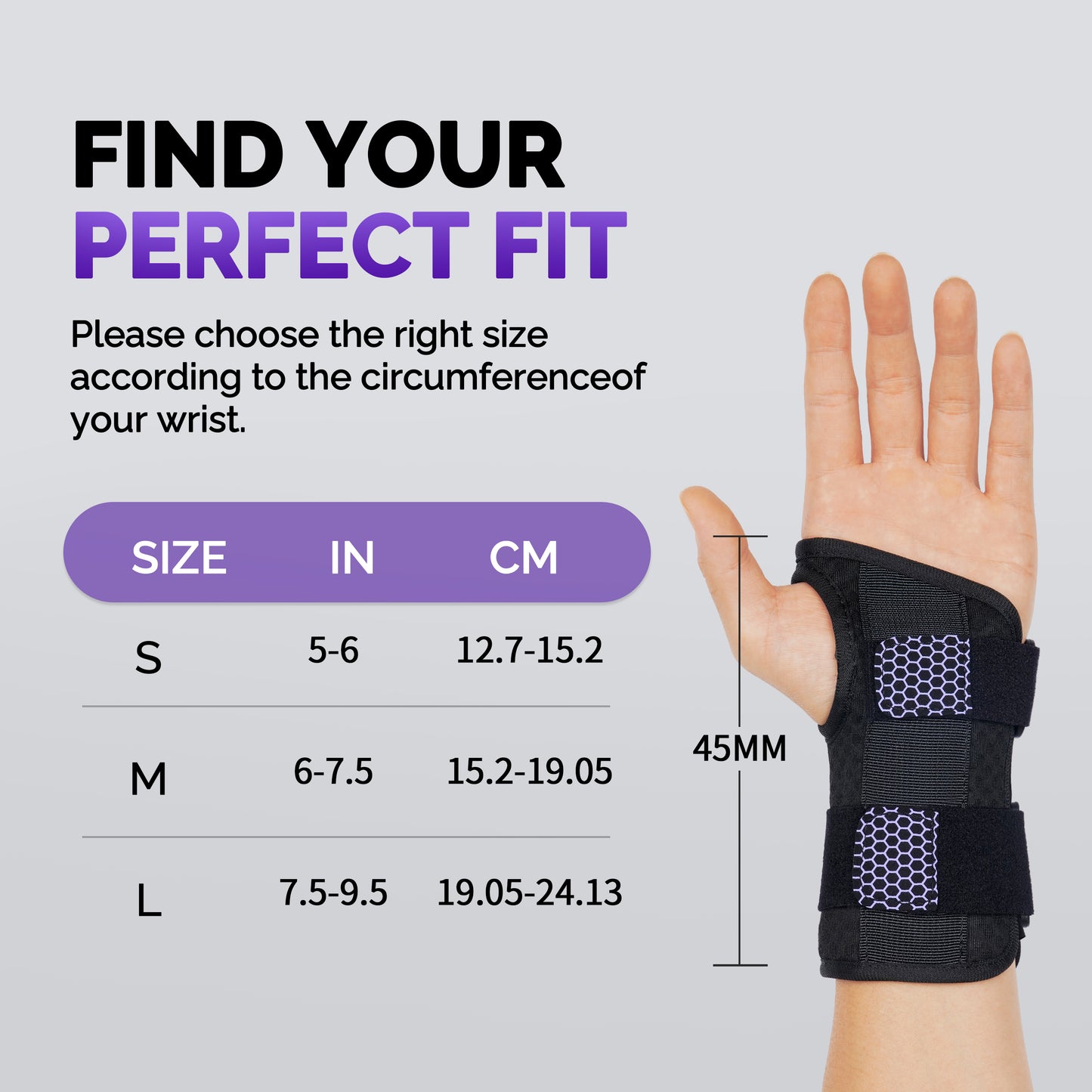 Wrist brace size chart showing S, M, L measurements in inches and centimeters with 45mm width callout.
