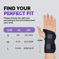 Wrist brace size chart showing S, M, L measurements in inches and centimeters with 45mm width callout.