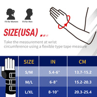 Wrist brace size chart for men and women: S/M 5.4–6", M/L 6–8", L/XL 8–10" wrist circumference.