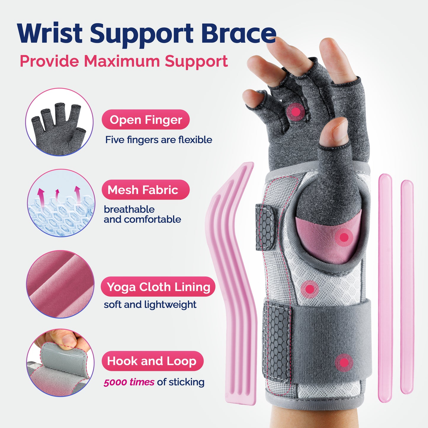 Wrist brace detail showing open-finger design, breathable mesh, yoga cloth lining, and 5000-use hook-and-loop.