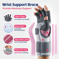 Wrist brace detail showing open-finger design, breathable mesh, yoga cloth lining, and 5000-use hook-and-loop.