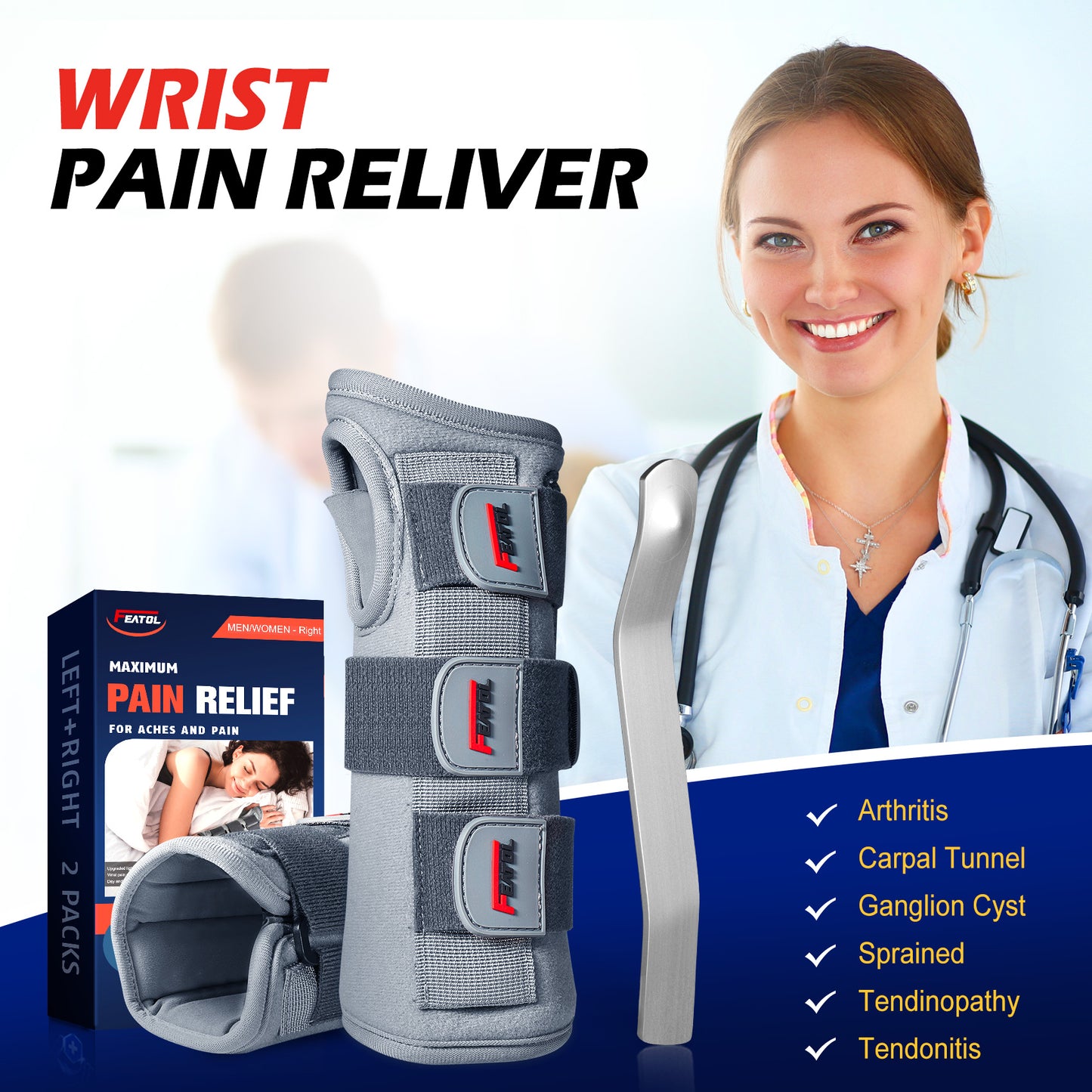 FEATOL wrist brace with aluminum splint beside box, for arthritis, carpal tunnel, and tendonitis relief.
