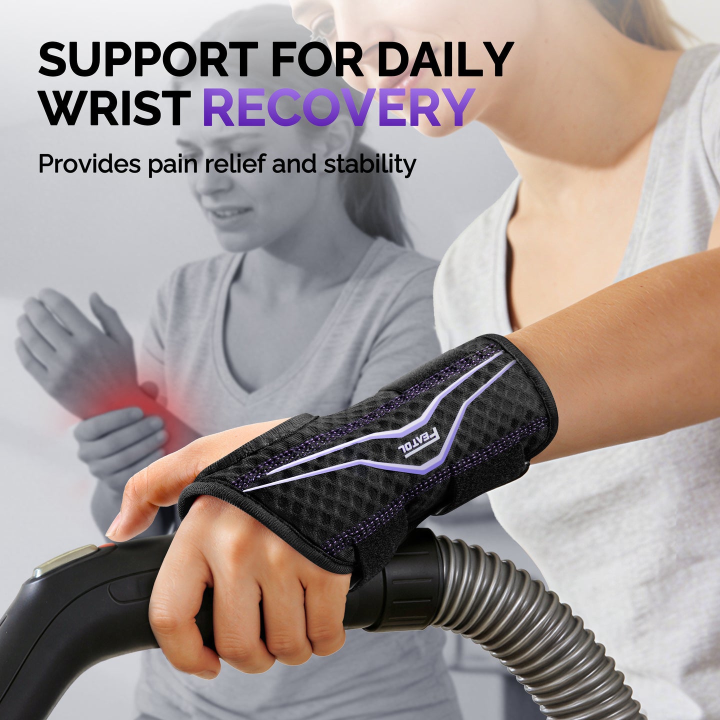FEATOL wrist brace worn during household chores, providing stability for wrist pain relief.