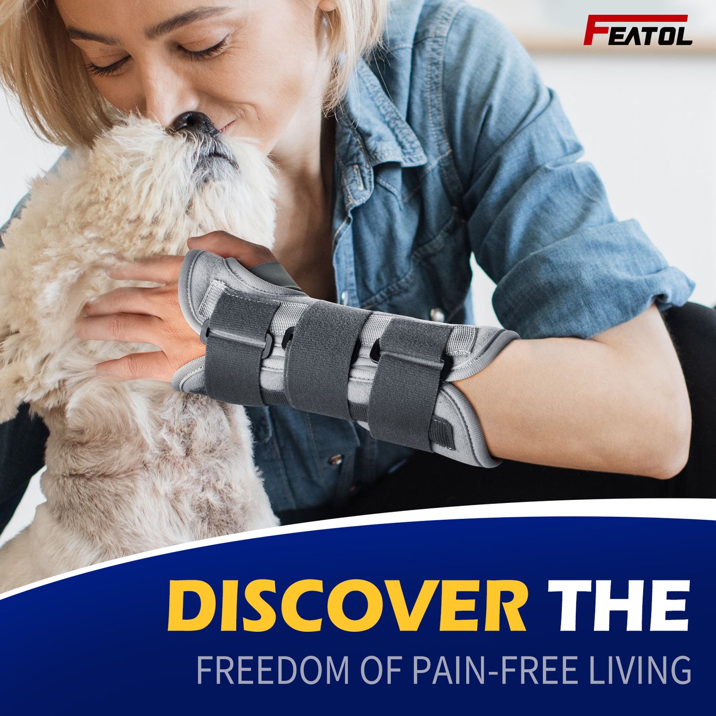 Woman cuddling a dog while wearing FEATOL wrist brace, conveying pain-free everyday freedom.