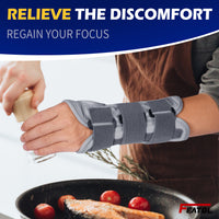 Wrist brace worn while cooking, allowing confident pain-free movement during daily kitchen tasks.