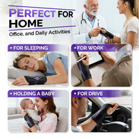 Wrist brace worn across four daily scenarios: sleeping, working, holding a baby, and driving.