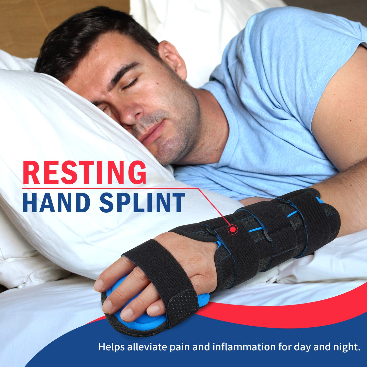 Man sleeping comfortably with resting hand splint worn overnight for wrist pain and inflammation relief.