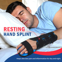Man sleeping comfortably with resting hand splint worn overnight for wrist pain and inflammation relief.