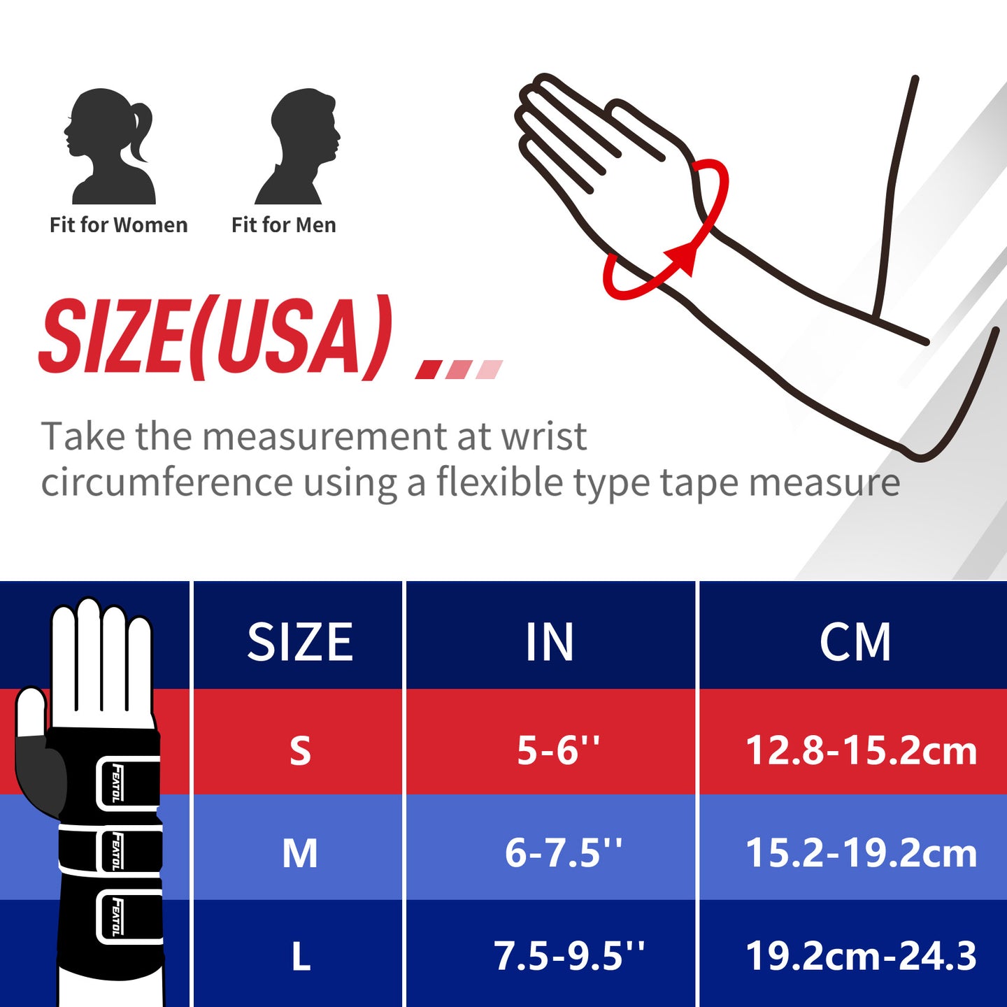 Size chart: S 5–6" (12.8–15.2cm), M 6–7.5" (15.2–19.2cm), L 7.5–9.5" (19.2–24.3cm), fits men and women.