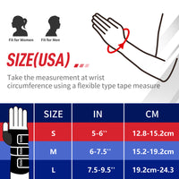 Size chart: S 5–6" (12.8–15.2cm), M 6–7.5" (15.2–19.2cm), L 7.5–9.5" (19.2–24.3cm), fits men and women.