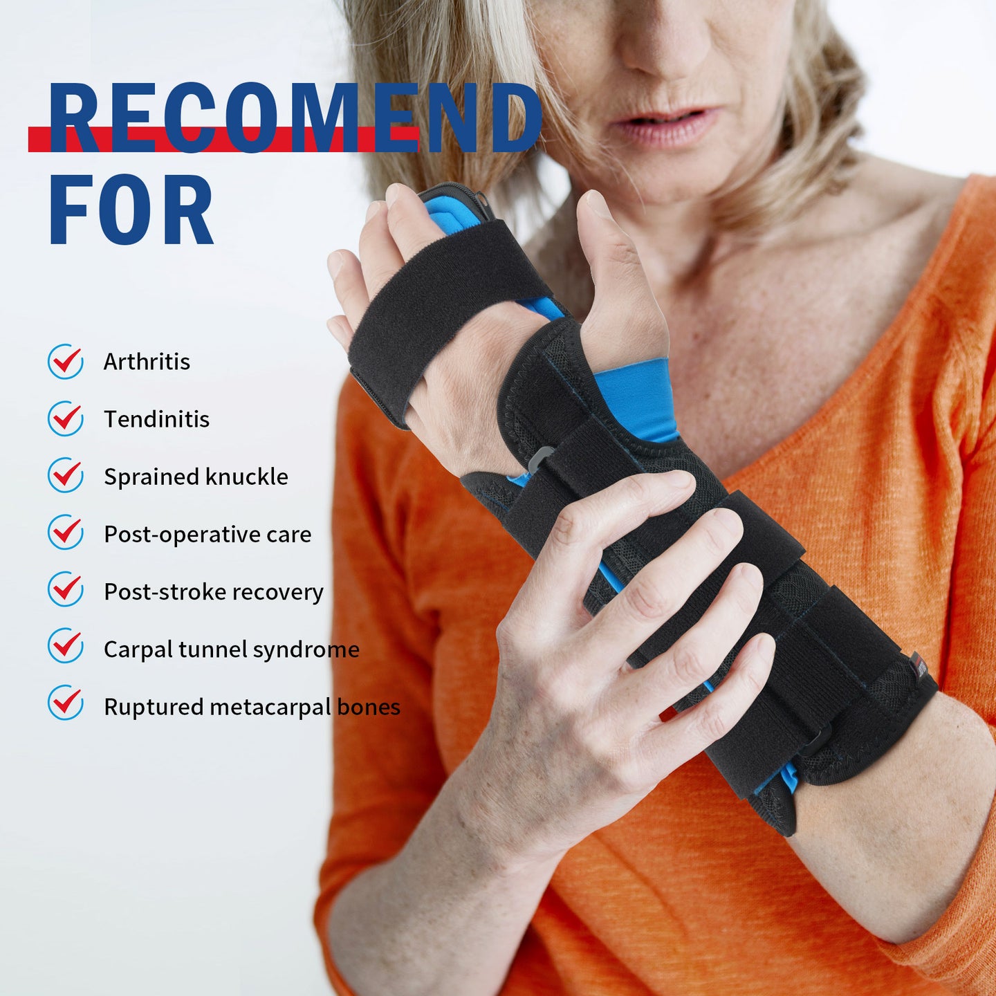 Older woman wearing wrist splint, with checklist: arthritis, tendinitis, carpal tunnel, post-stroke recovery.