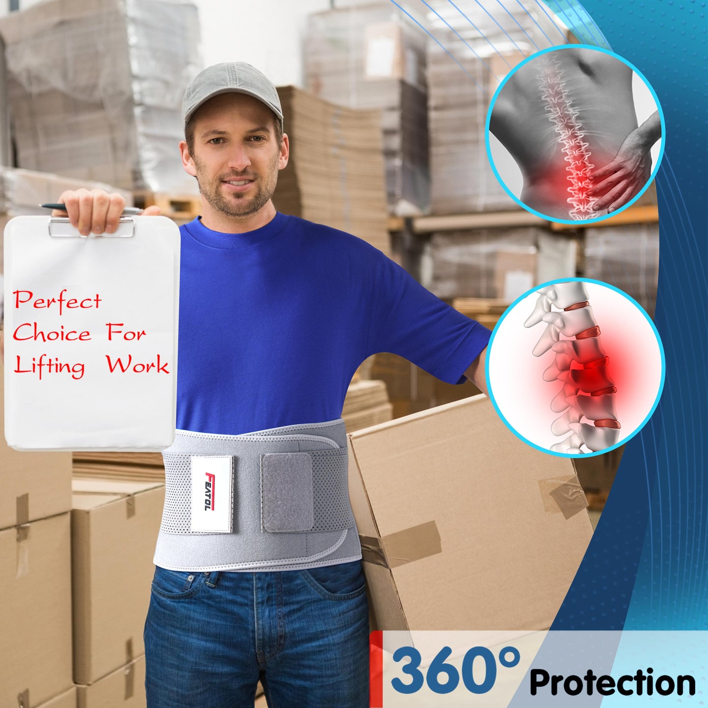 Man wearing FEATOL gray lumbar support belt in warehouse, lifting boxes with 360° back protection.