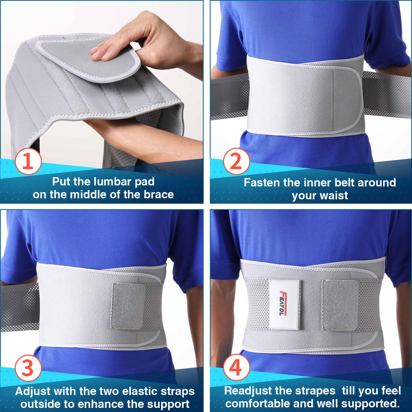 Four-step guide to wearing FEATOL gray back brace: insert lumbar pad, fasten inner belt, adjust elastic straps, readjust for comfort.