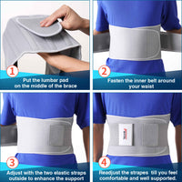 Four-step guide to wearing FEATOL gray back brace: insert lumbar pad, fasten inner belt, adjust elastic straps, readjust for comfort.