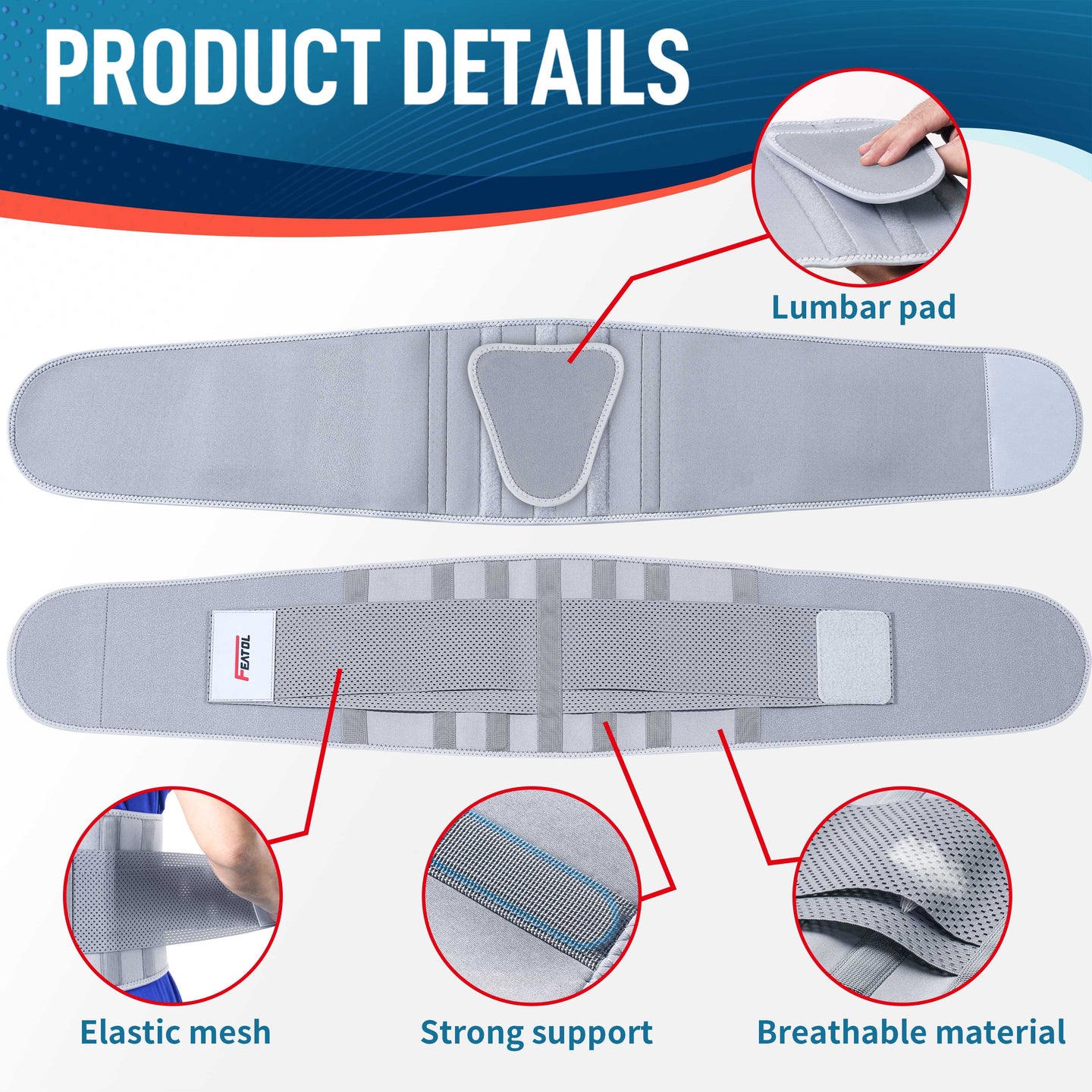 FEATOL gray back brace flat lay showing removable lumbar pad, elastic mesh, strong support stays, and breathable material.