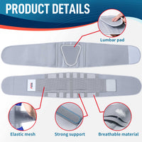 FEATOL gray back brace flat lay showing removable lumbar pad, elastic mesh, strong support stays, and breathable material.
