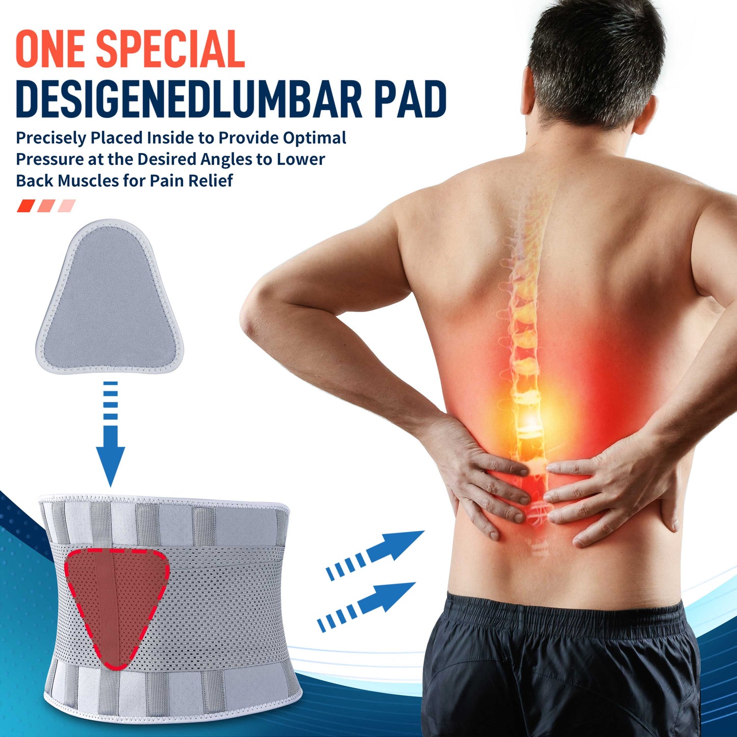 Illustration showing FEATOL gray back brace removable lumbar pad precisely placed for targeted lower back pain relief.