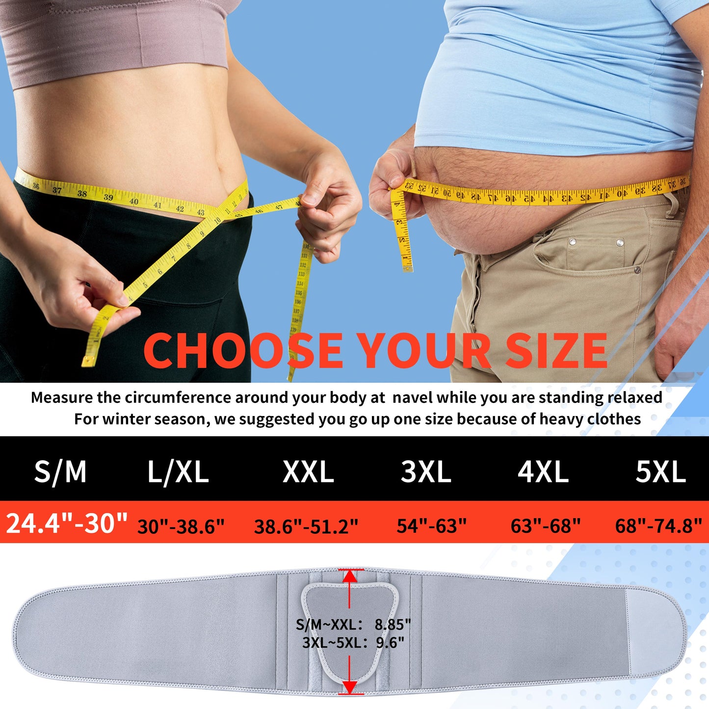 FEATOL gray back brace size chart, S/M to 5XL measured at navel; brace height 8.85" for S/M–XXL, 9.6" for 3XL–5XL.