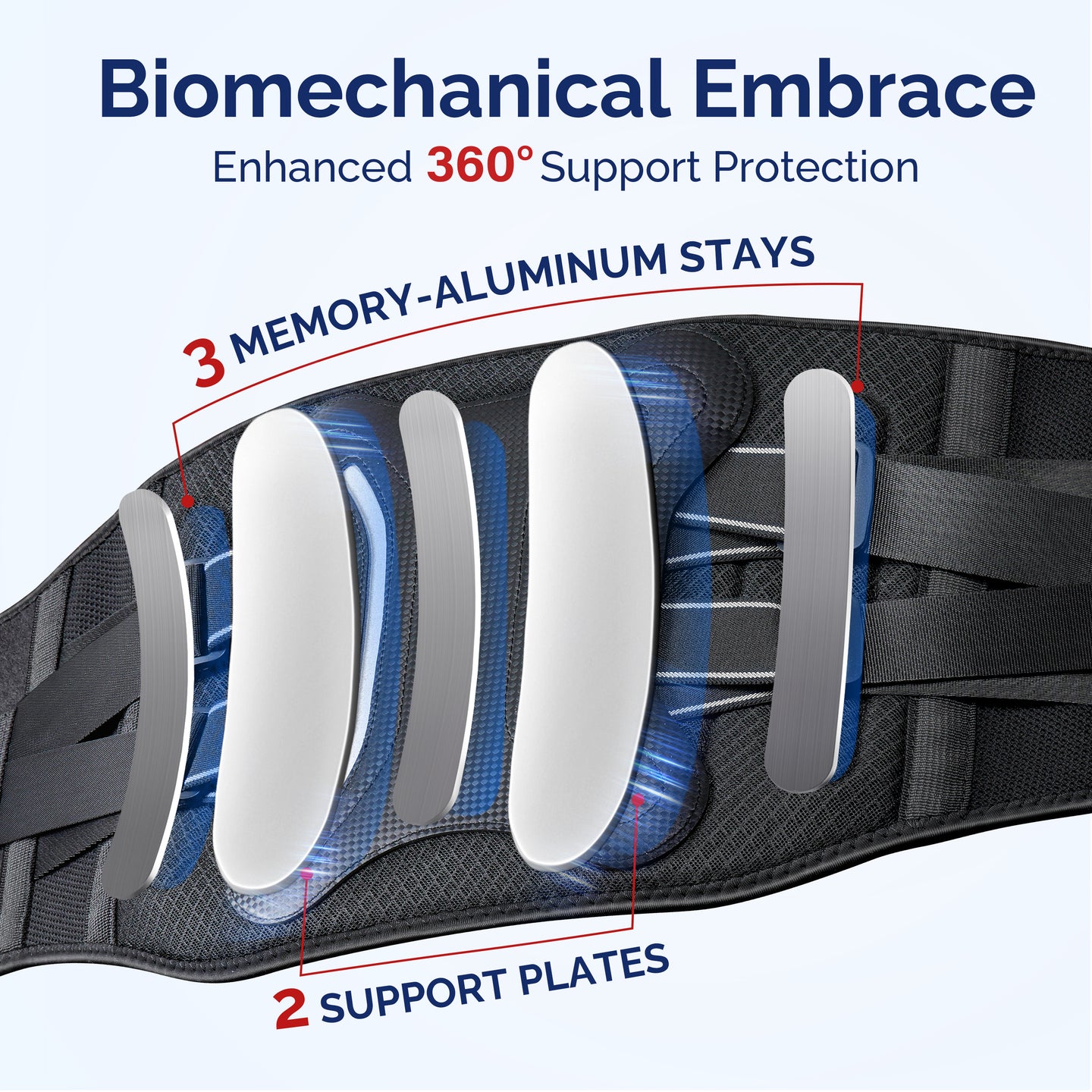 Illustration of FEATOL back brace interior showing 3 memory-aluminum stays and 2 support plates for 360° biomechanical support protection.