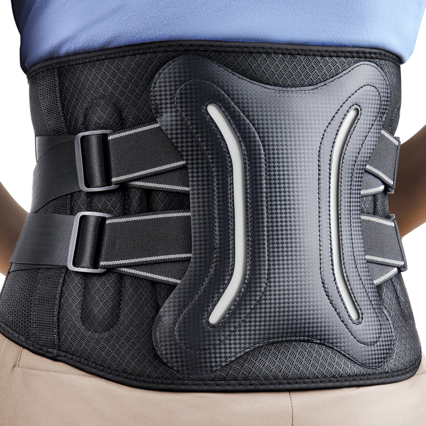 FEATOL gray lower back brace worn from behind, blue arrows showing bidirectional compression force on spine.