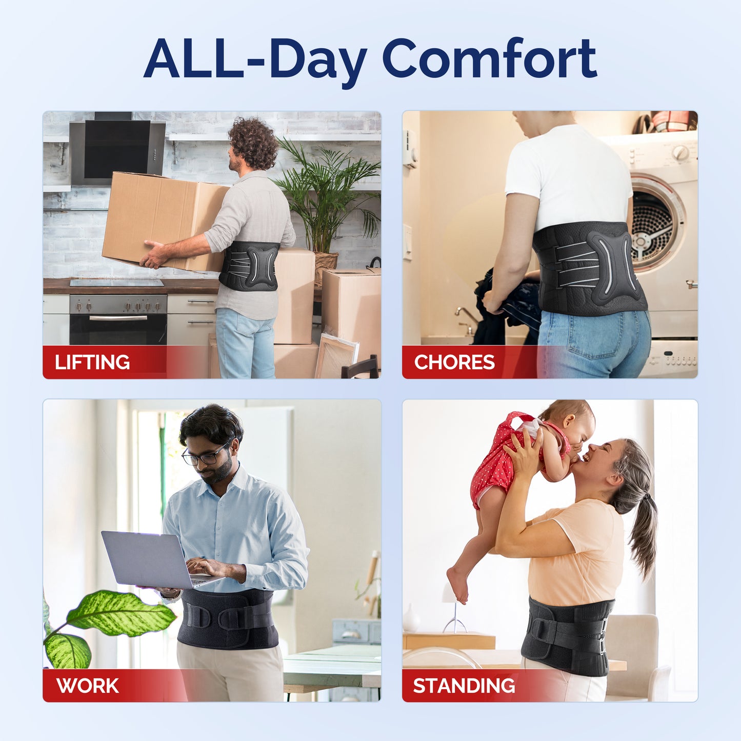 FEATOL back brace worn in four daily scenarios: lifting boxes, doing chores, working at a desk, and standing while holding a baby.