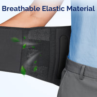 Close-up of FEATOL back brace side panel showing breathable elastic mesh material with airflow illustration.