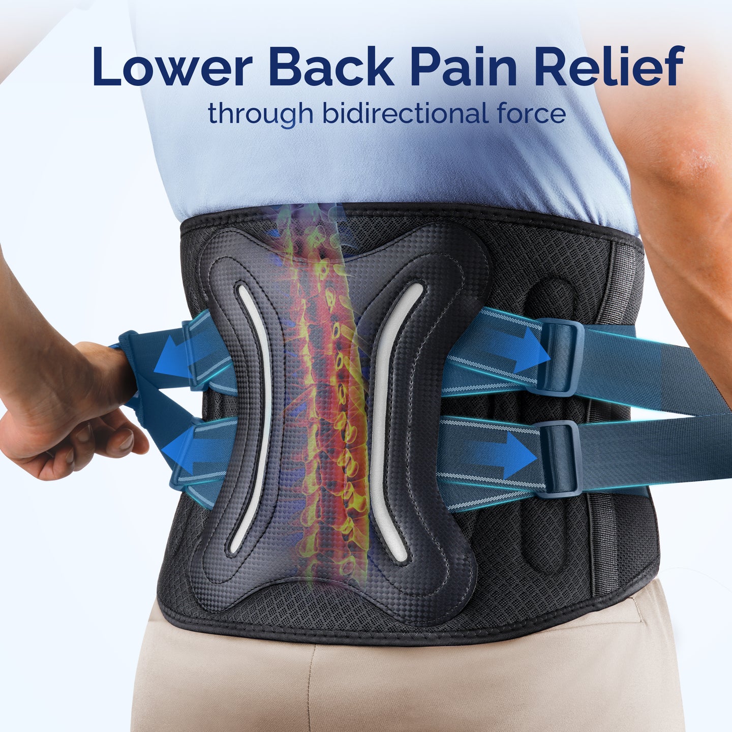 FEATOL back brace worn from behind, blue arrows showing bidirectional compression force on lumbar spine for lower back pain relief.