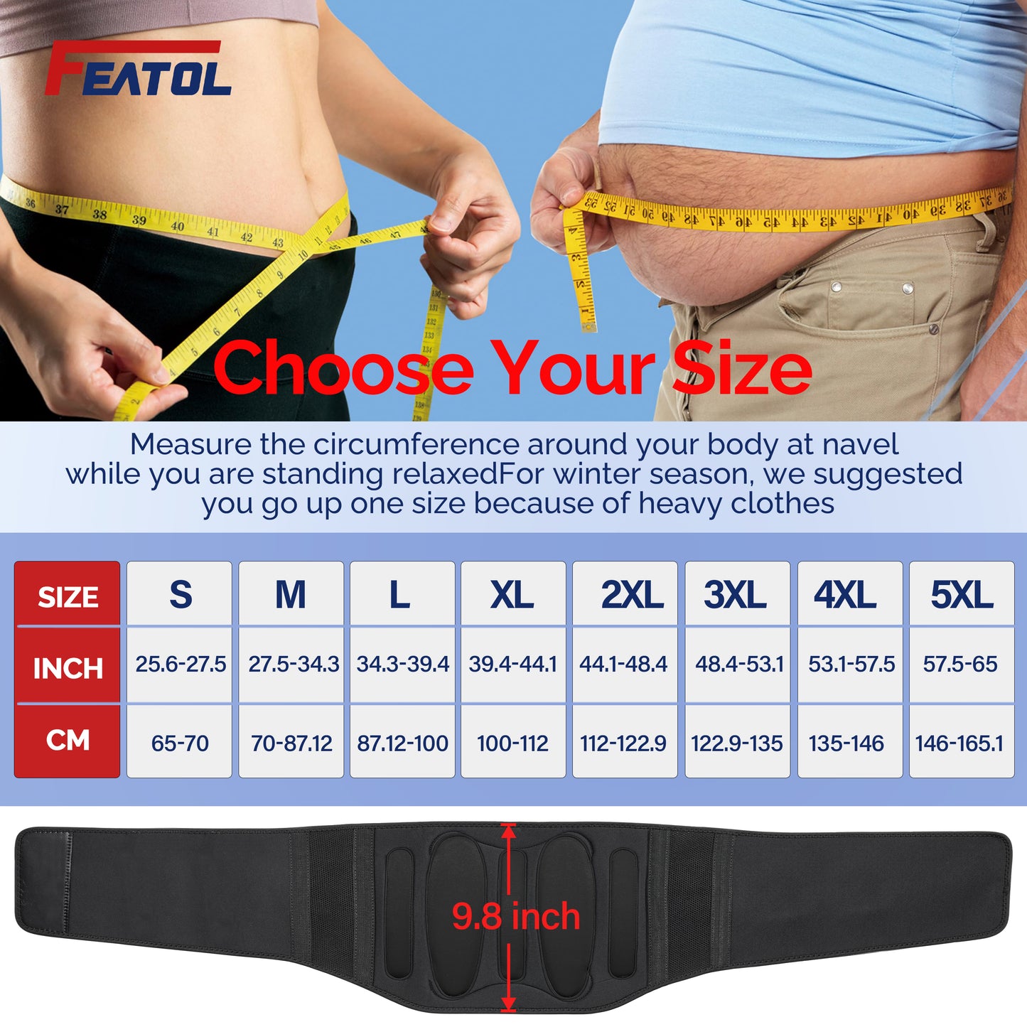 FEATOL back brace size chart, S to 5XL measured at navel; brace height 9.8 inches.