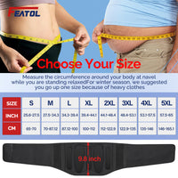 FEATOL back brace size chart, S to 5XL measured at navel; brace height 9.8 inches.