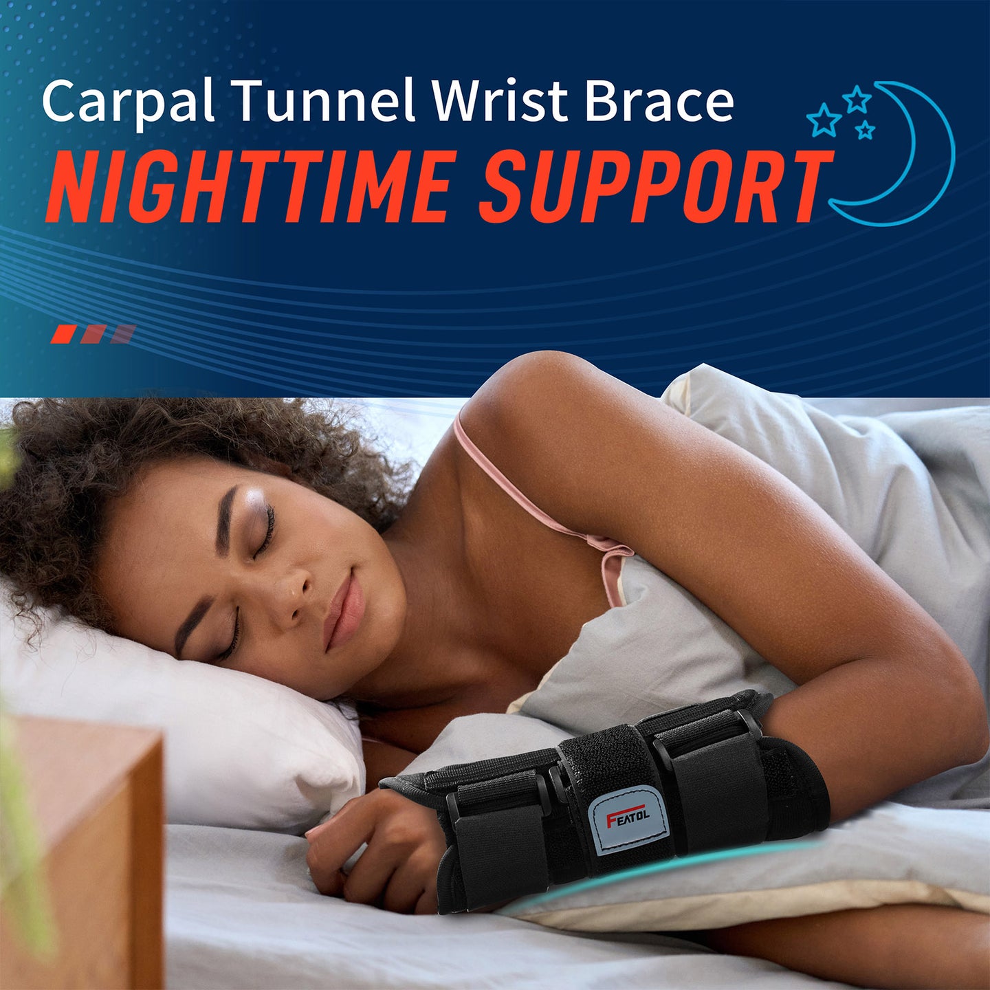 FEATOL Carpal Tunnel Wrist Brace - Nighttime Support, woman sleeping comfortably with wrist splint