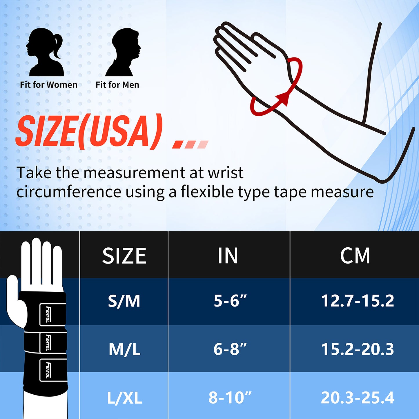 FEATOL Wrist Brace size chart - S/M fits 5-6 inch, M/L fits 6-8 inch, L/XL fits 8-10 inch wrist circumference