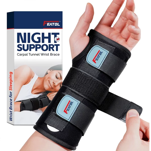 left hand with FEATOL wrist brace for nighttime carpal tunnel relief