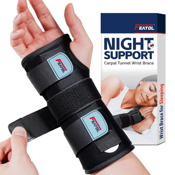 right hand with FEATOL night support wrist brace for carpal tunnel