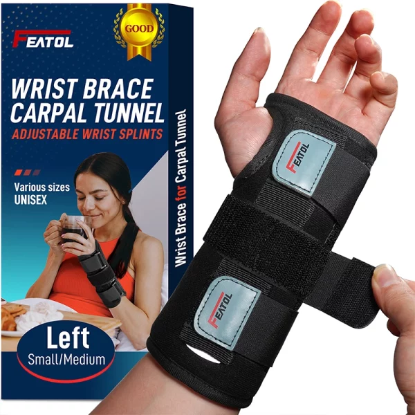 left hand wearing FEATOL wrist brace for daily wrist pain relief