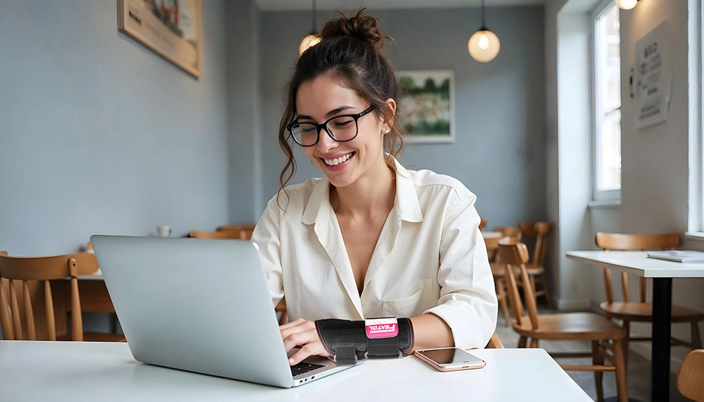 woman typing on computer while wearing FEATOL wrist brace for pain relief