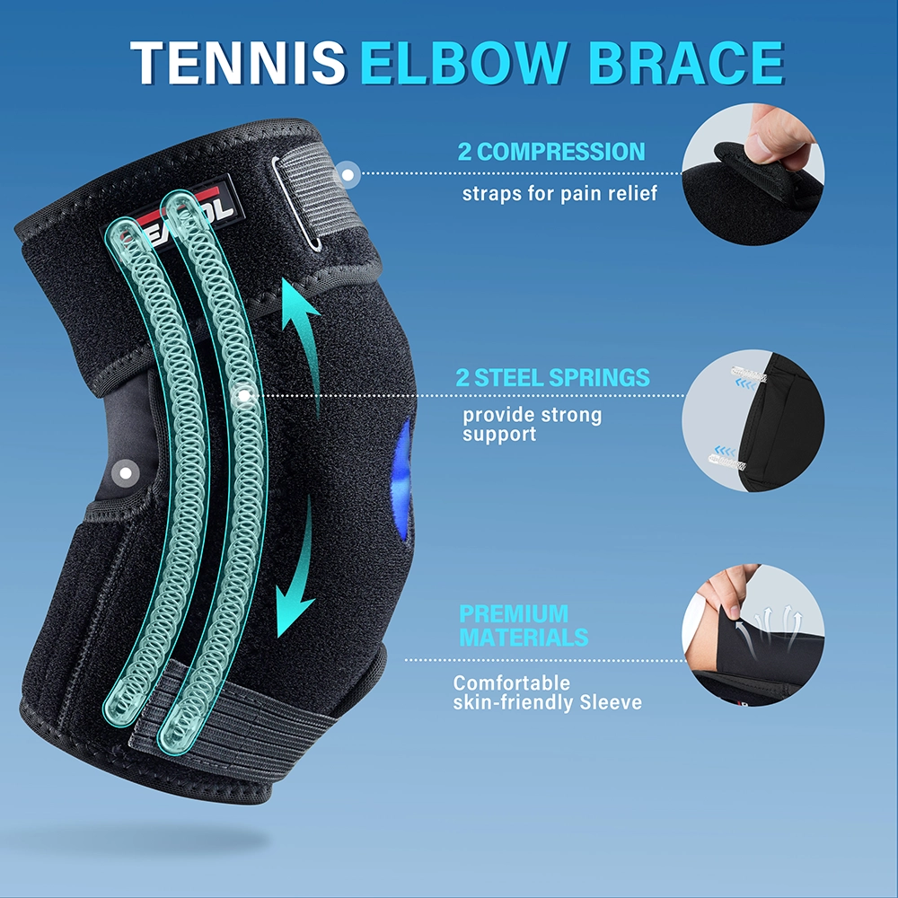 Tennis elbow brace with compression straps and steel springs for strong support