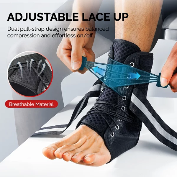 Adjustable dual-pull lace-up ankle brace with breathable material