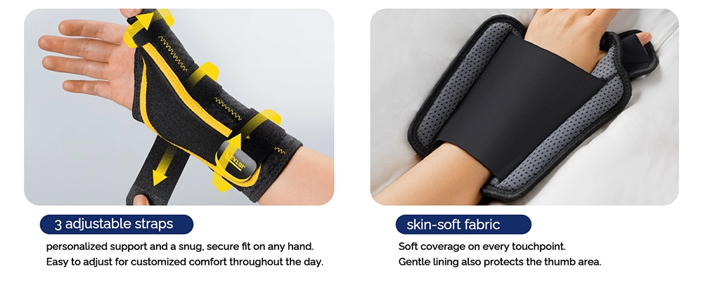 thumb spica with three adjustable straps and skin-soft fabric for personalized fit